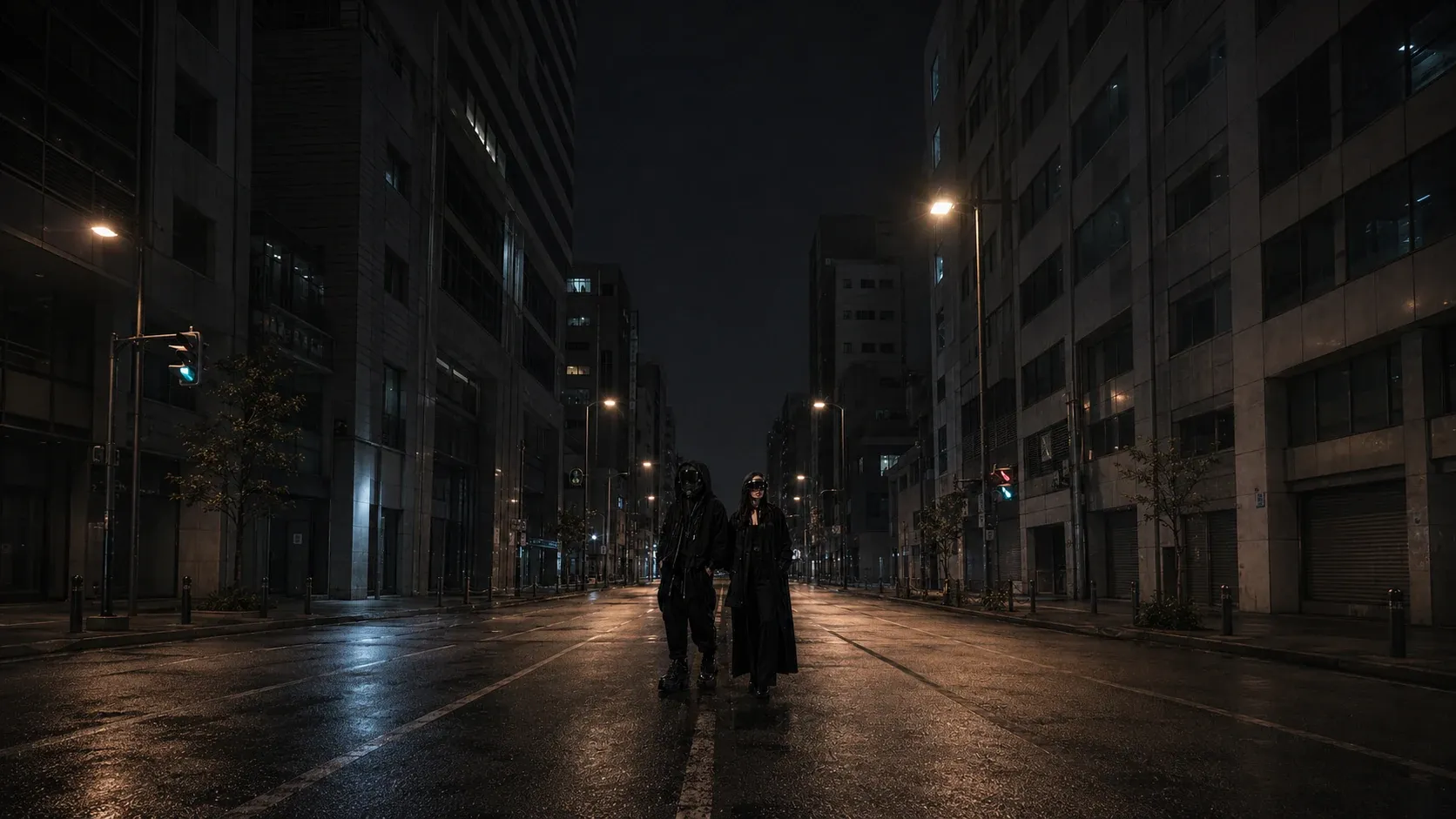 夜のビル街、濡れた路面に並んで立つ024 & HAL