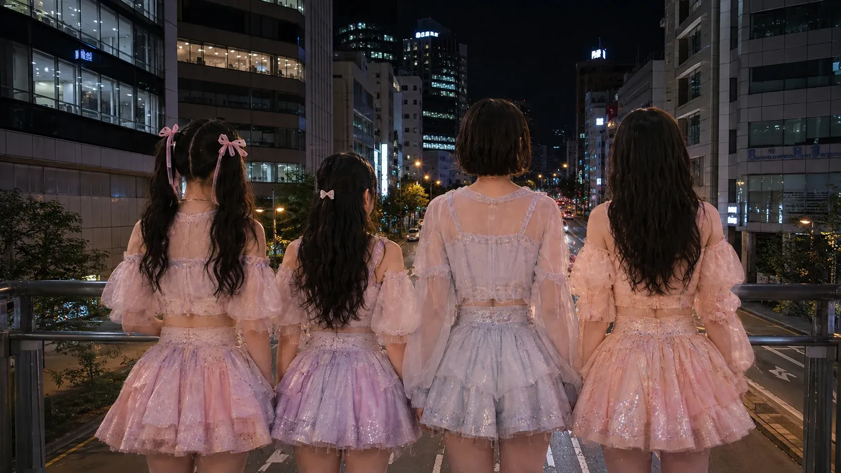 淡い色の衣装をまとい、東京の夜景を見つめるILLUSIAの4人の後ろ姿
